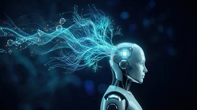 Humanoid robot in profile with glowing digital neural network streams flowing from its head, representing artificial intelligence, machine learning, data processing, automation, innovation and future 