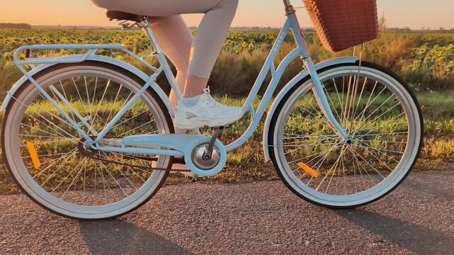 A person rides a blue bicycle along a paved path at sunset. The surroundings include a field with flowers and a clear sky in the background