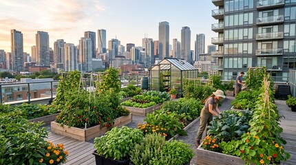 Fototapeta premium Urban rooftop vegetable garden beside city buildings