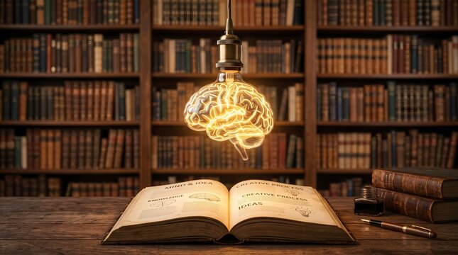 ooks, education Creativity, Idea. Glowing and shining brain lightbulb over an open book with a bookshelf as the background