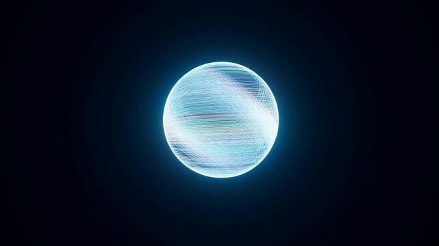 Abstract fiber optic sphere transforms into dense glowing tangled orb on dark background