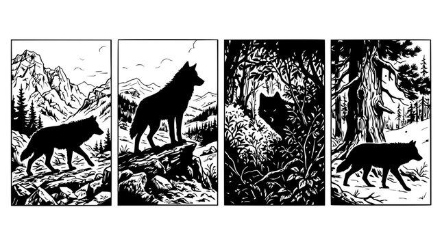 Wolves set with silhouette illustrations featuring wildlife, mountains, forest, trees with black and white and detailed textures