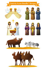 Fototapeta premium Set of Holy Christmas Nativity scene - angels, wise men, shepherds, Mary, Joseph and Jesus. Vector xmas bundle with baby Jesus in a manger with Mary and Joseph, star, shepherds, three wise men, camels