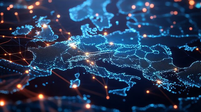 Glowing digital map of Europe emerges from a dark, interconnected network, presenting a concept for global technology and communication systems