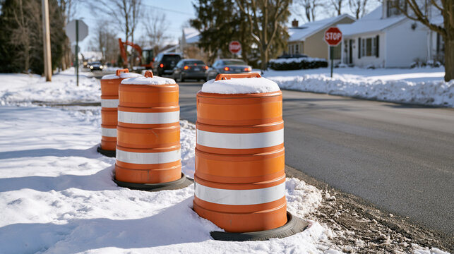 A snowy urban street contains a clearly marked construction zone with orange barrels, generic stop signs and passing cars, bright winter daylight, clean road surface and active
