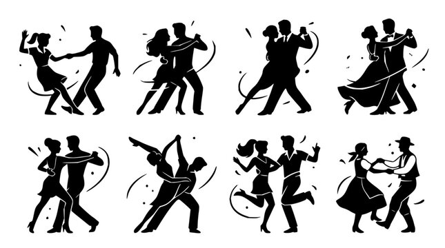 Couples dancing set with silhouette figures featuring ballroom, tango, waltz with movement and celebration