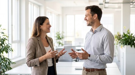 Obraz premium Two smiling colleagues, a man and a woman, engaged in a conversation in a bright, modern office setting.
