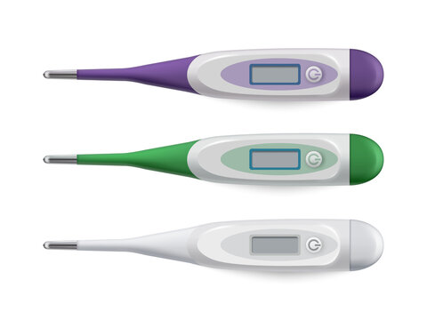 Digital thermometers in purple green and white colors on transparent background