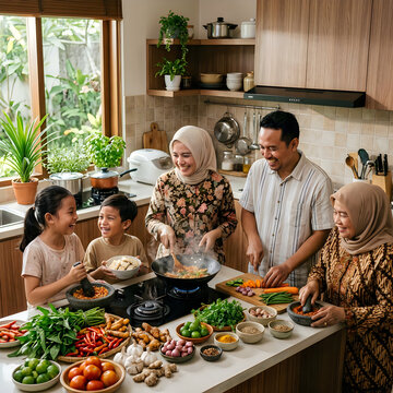 Family preparing food together in cozy kitchen