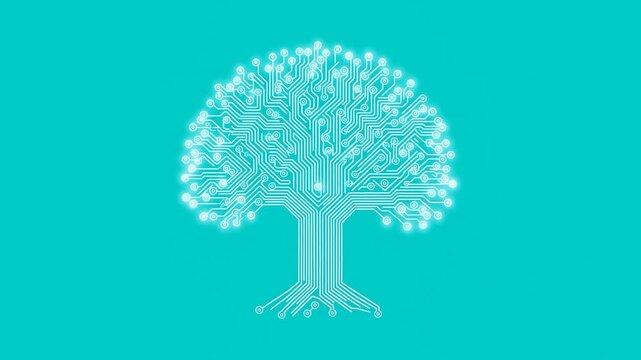 Glowing circuit tree network centered on turquoise background with branching lines