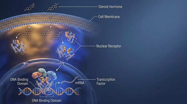 Medical Illustration of Steroid Hormone Binding to Nuclear Receptors and Gene Transcription