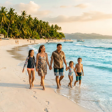 Family walking on tropical beach at sunset