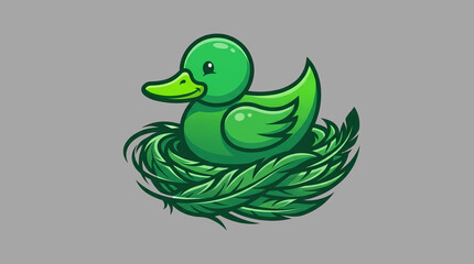Fototapeta premium Green Duck Nesting Logo. Cute Waterfowl Bird Resting in Natural Grass Nest. Wildlife Nature Branding and Animal Mascot Design. Playful Modern Vector Illustration