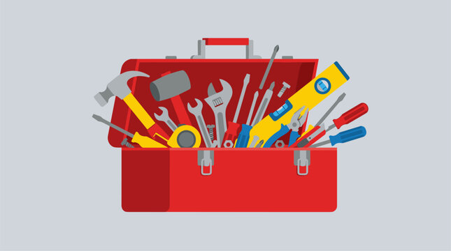 Red toolbox overflowing with assorted tools, including hammer, wrenches, screwdrivers, and level, flat design