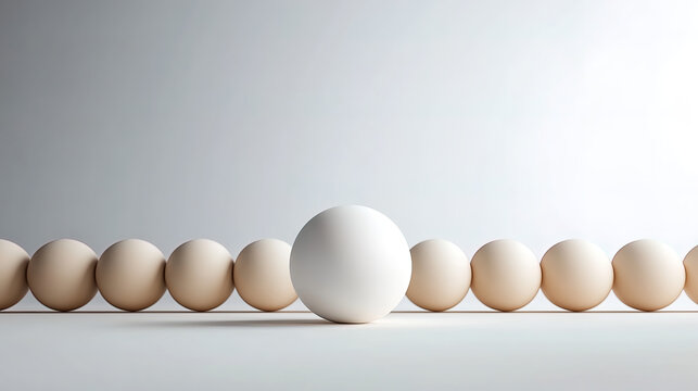 One Large White Sphere Standing Out from Row of Wooden Balls Representing Leadership Individuality and Unique Business Advantage