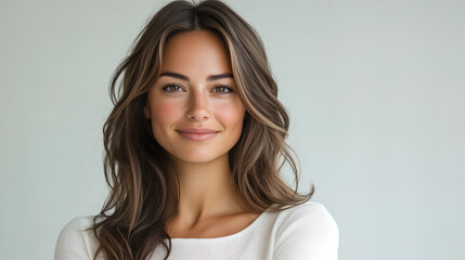 Fototapeta premium Smiling Young Woman with Wavy Brown Hair, Close-Up Beauty Portrait on White Background