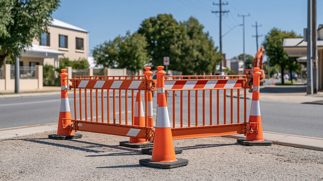 Temporary cones and generic detour barriers guide vehicles around a small street repair zone, bright clear daylight, clean urban background and simple traffic management composition,