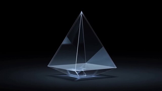 Translucent geometric pyramid sculpture resting on dark reflective surface in black setting