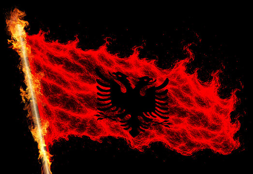 3D illustration. Flag of Albania on a flame.