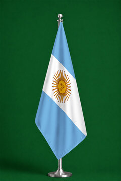 3D illustration. Flag of Argentina on a ceremonial standing flag on a pole with a metal base.