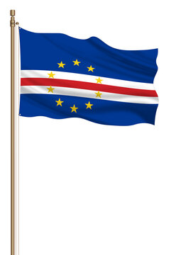 3D Flag of Cape Verde on a pillar blown away isolated on a white background.