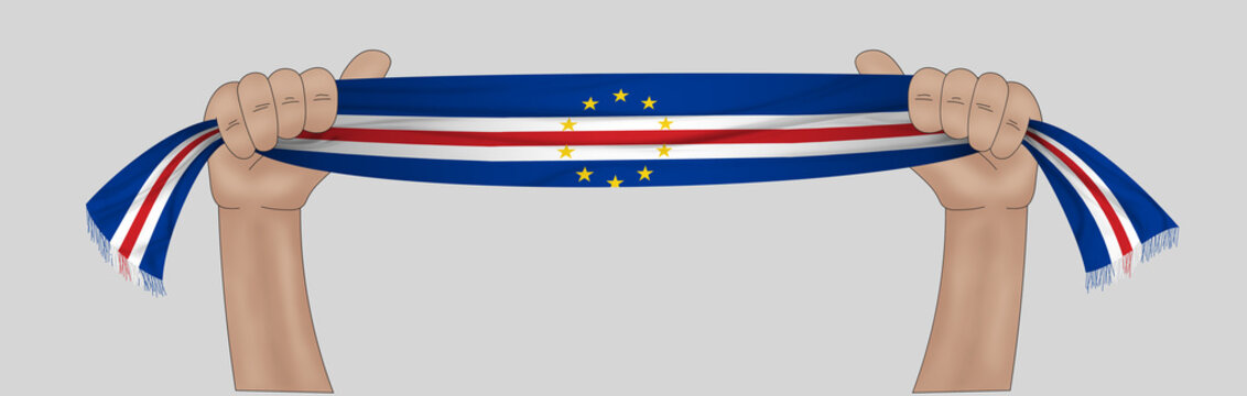 3D illustration. Hand holding flag of Cape Verde on a fabric ribbon background.