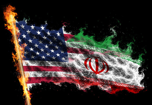 3D illustration. Flag of USA and Iran on a flame.