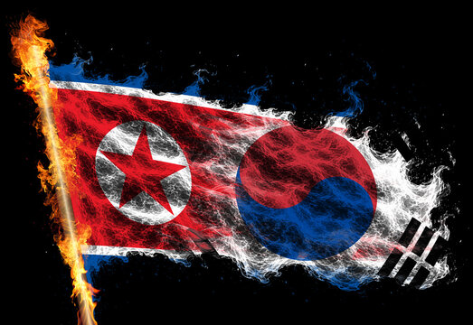 3D illustration. Flag of North Korea and South Korea on a flame.