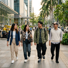 Fototapeta premium Four people walking together in a city street