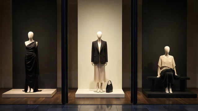 Three mannequins in a clothing store window display wearing black and beige outfits