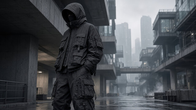 Stealthy masked figure tactical jacket and cargo pants standing rainy urban concrete complex, moody atmosphere and cinematic futuristic cityscape