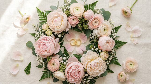 Wedding rings on delicate pink peony wreath with ranunculus flowers flat lay