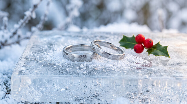 Silver wedding rings on frosty ice block with holly berries in snowy winter forest