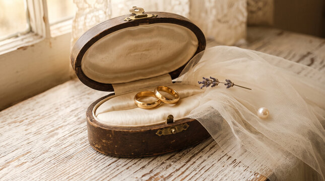 Wedding rings in vintage oval box with lace veil and lavender rustic style