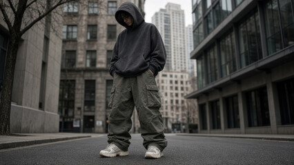 Fototapeta premium Young person in oversized hoodie and cargo pants standing in empty urban street with moody atmosphere, solitary and introspective