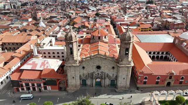 Breathtaking drone footage of the magnificent Spanish colonial cathedral in the historic downtown plaza of Potosi, Bolivia.