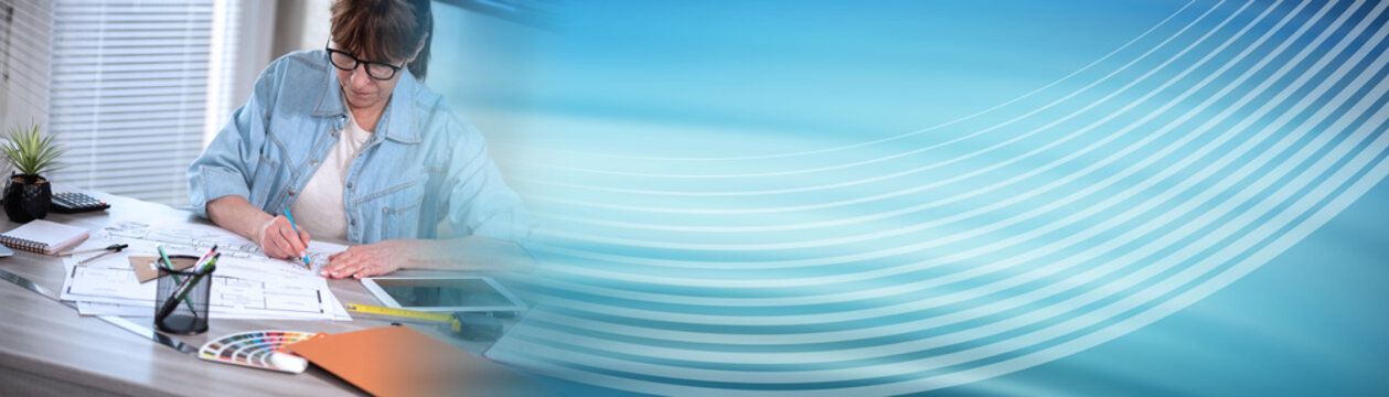 Female architect working on sketch; panoramic banner