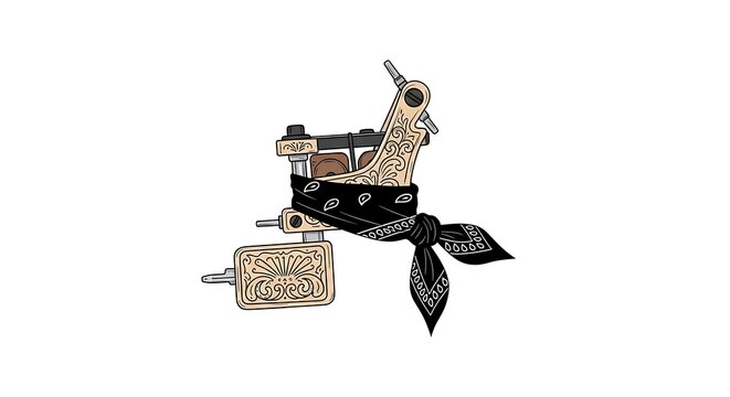 Chicano art illustration of an engraved tattoo machine with bandana