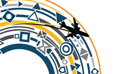 Naklejka premium Airplane flying through abstract geometric patterns and concentric circles.