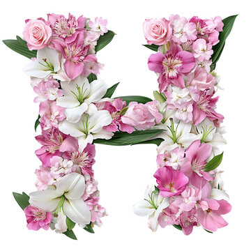 Floral letter h composed of pink roses lilies and hydrangea creating an alphabet transparent background design