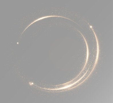 Luminous gold ring with fiery curved motion trail and glitter sparks, glowing circular frame isolated for magical light overlay png