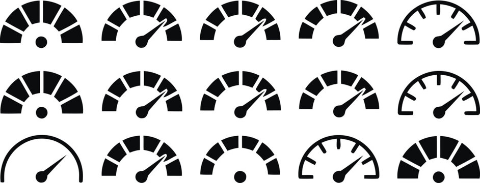 Speedometer dashboard gauge vector icon set showing speed level acceleration performance and rpm meter for automotive and fast concept