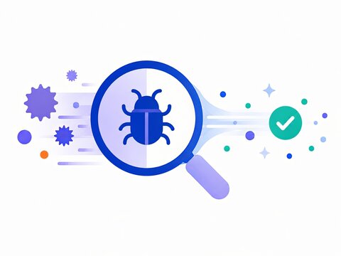 3D illustration of bug detection with magnifying glass and check mark, representing software testing, debugging and security verification