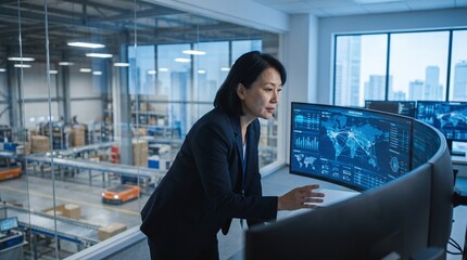 Fototapeta premium Woman in dark suit examines global data on curved monitors overlooking automated warehouse