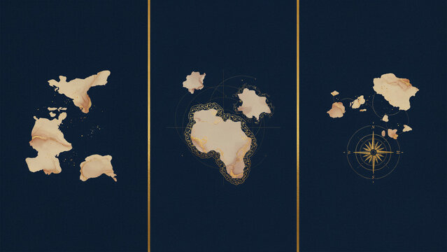 Three panels of vintage maps with gold continents on a dark navy blue background