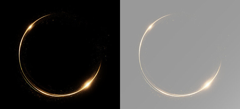 Elegant golden light ring with a smooth glowing circular trail, isolated luminous circle effect for luxury overlay and creative design