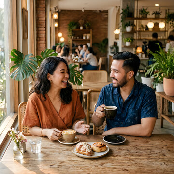 Couple enjoying breakfast together in cozy caf&eacute;