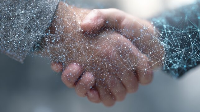 Two hands clasping firmly, overlaid with a network of glowing digital nodes, representing partnership, connection, and technological advancement in a business setting