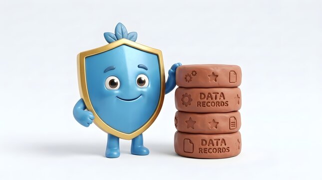 3D blue cybersecurity shield mascot protecting stacked data storage cookies with a smile