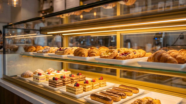 Assorted fresh pastries and cakes displayed in a modern bakery glass showcase